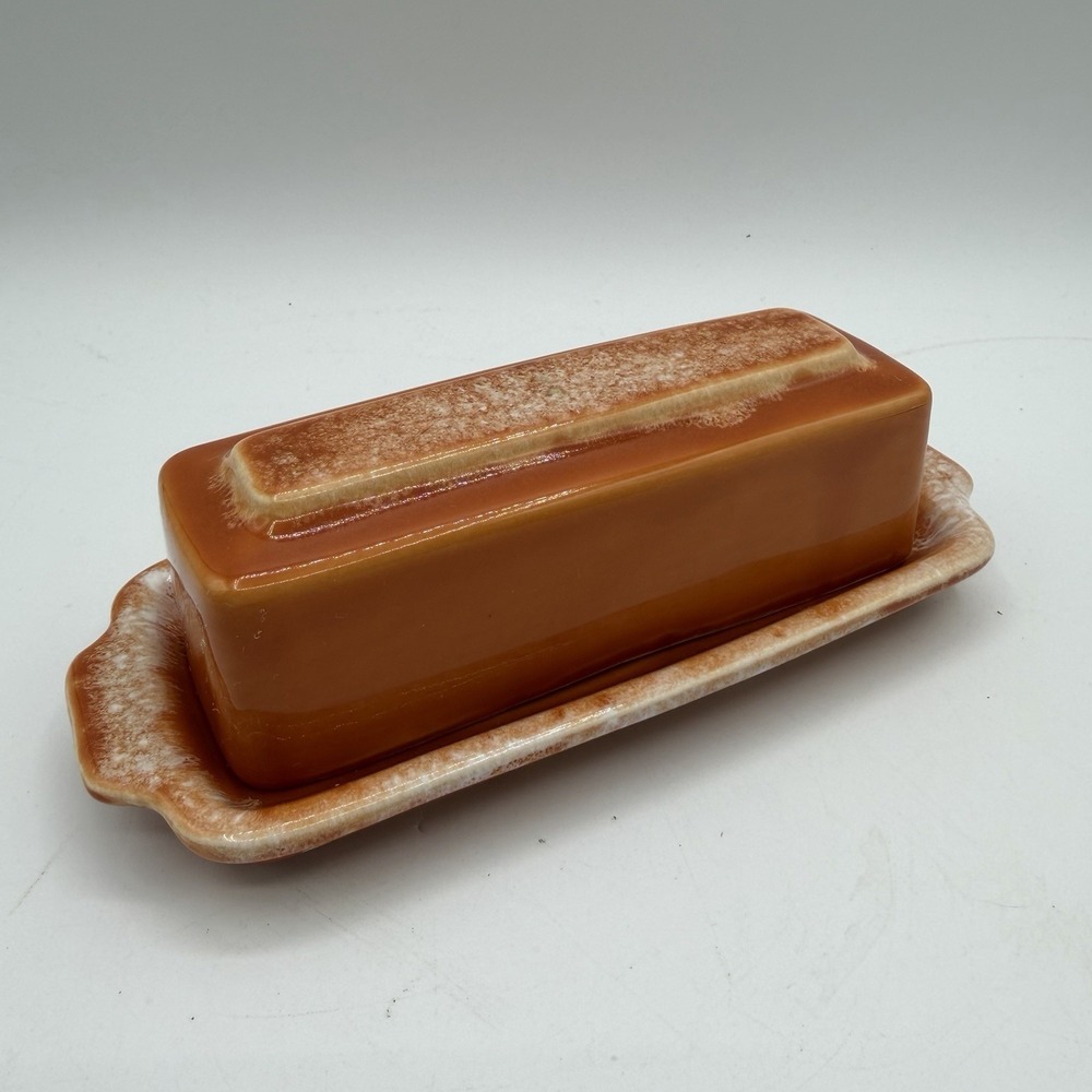 Vintage Hull Pottery Tangerine Orange Drip Glaze Butter Dish w/ Lid Oven‎ Proof